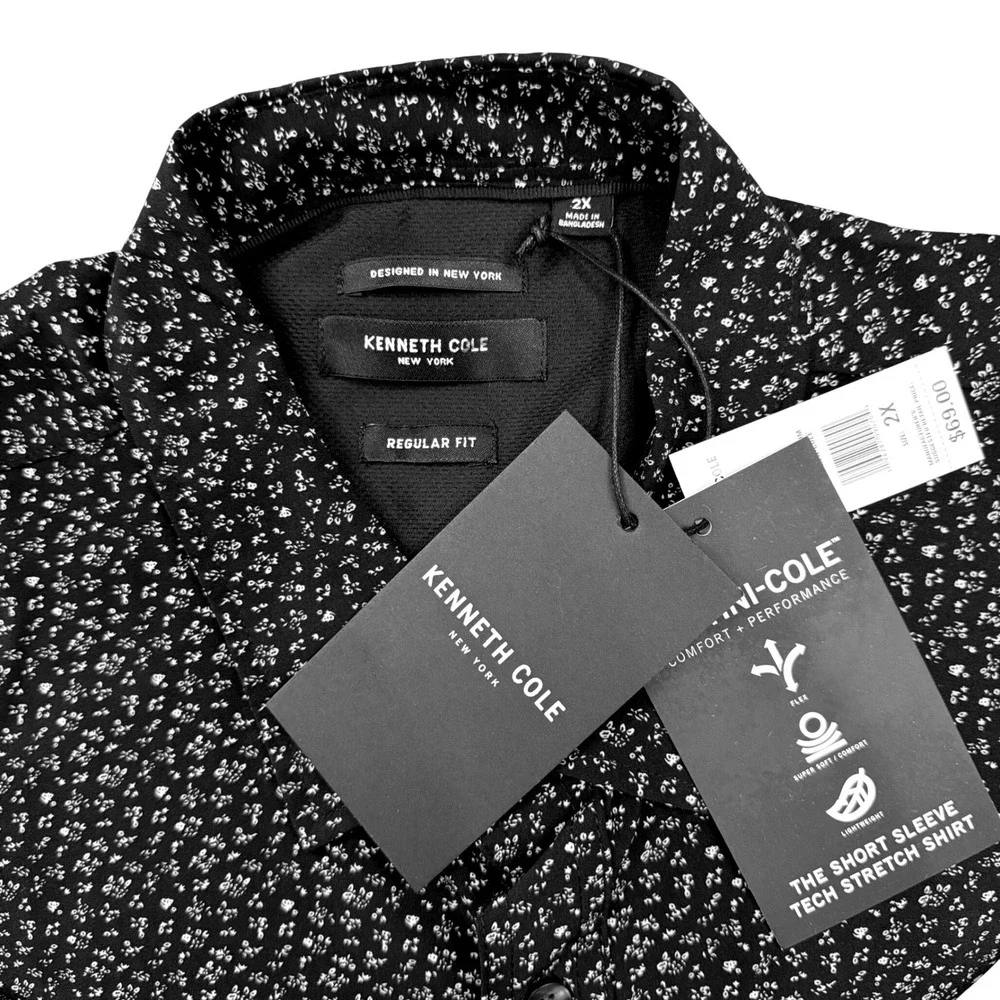 Kenneth Cole New York Mens 2X Tech Stretch Short Sleeve Floral Shirt Black NEW